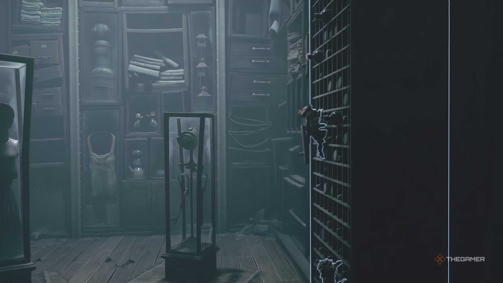Alone climbing a wine rack in Little Nightmares 3.