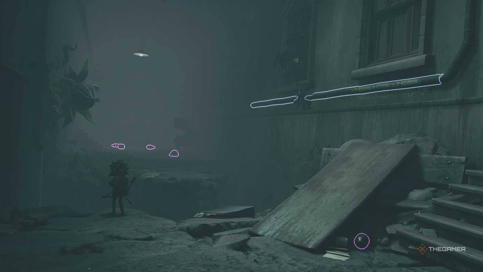 Alone crossing a pipe while Low shoots a plant in Little Nightmares 3.