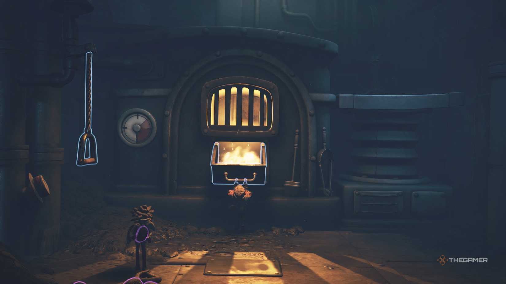Alone holding open a furnace door in Little Nightmares 3.