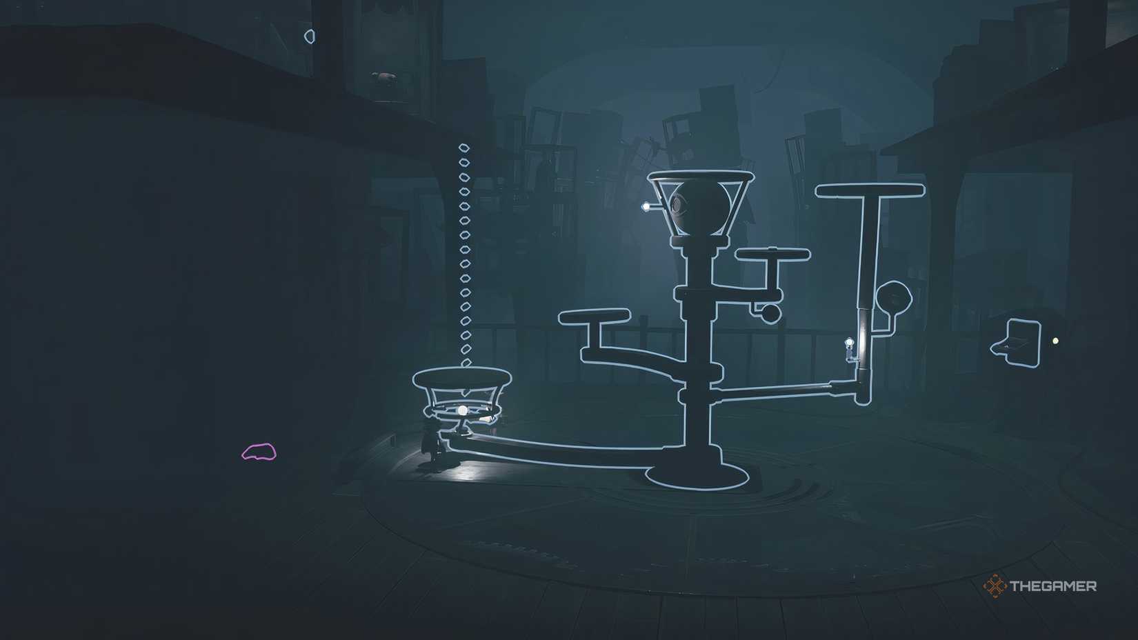 Alone pushing a large mechanism in Little Nightmares 3.