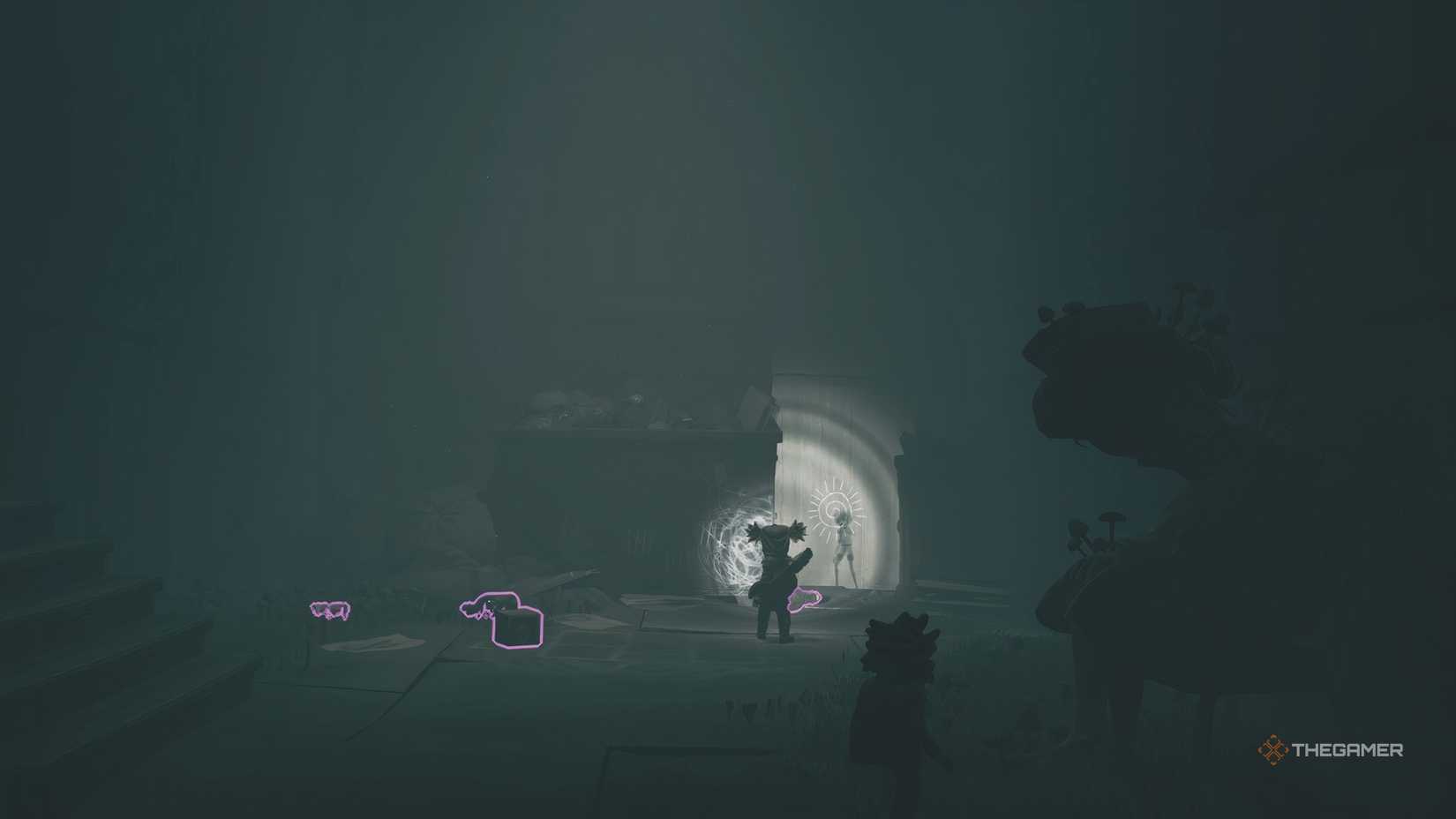 Alone shining a flashlight on a ghost in front of a sun in Little Nightmares 3.