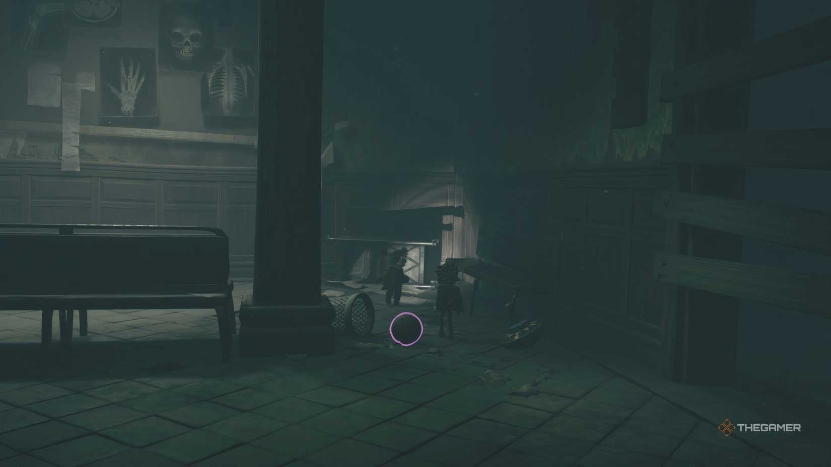 Alone shining her light on a bench ghost in Little Nightmares 3.