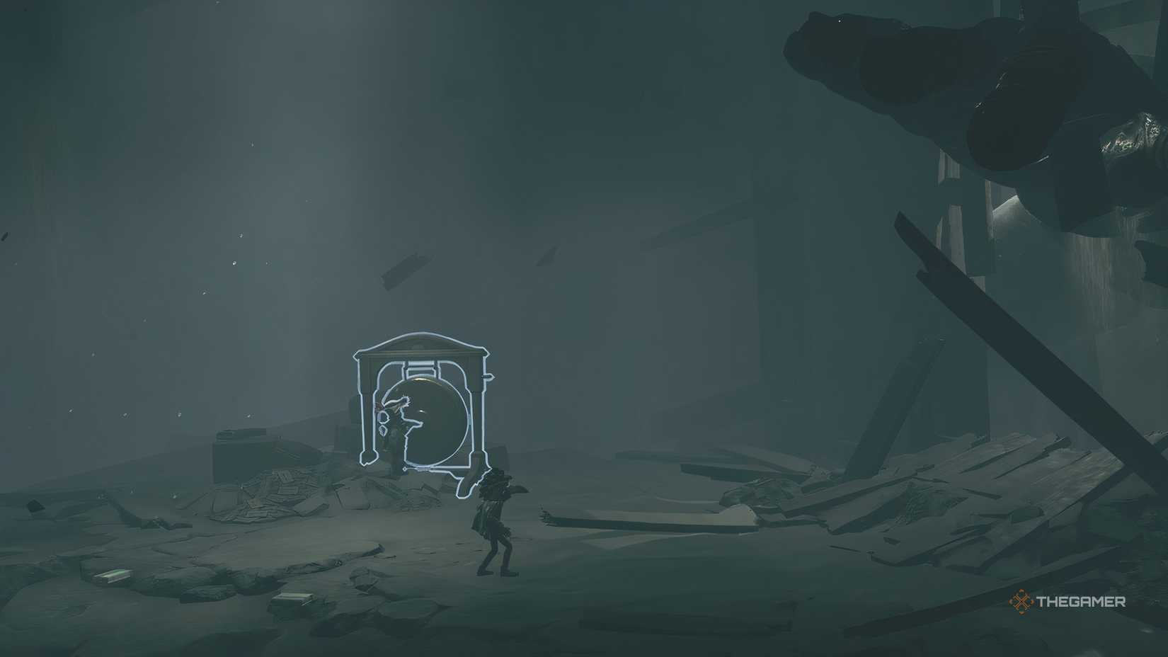 Alone smacking a gong in Little Nightmares 3.