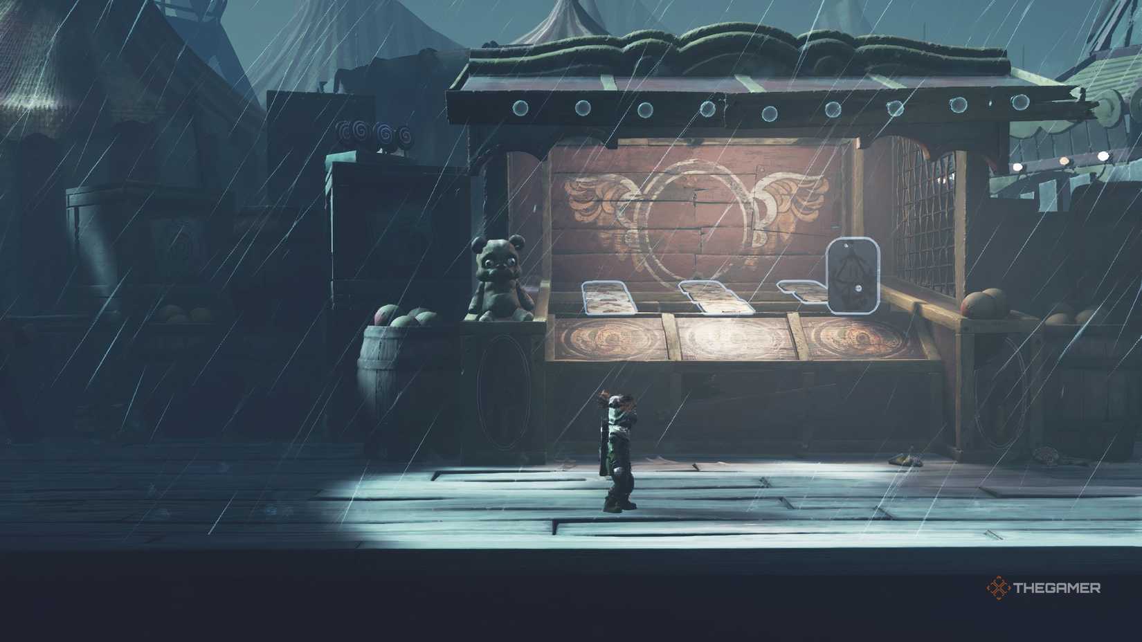 Alone standing in front of a carnival game in Little Nightmares 3.