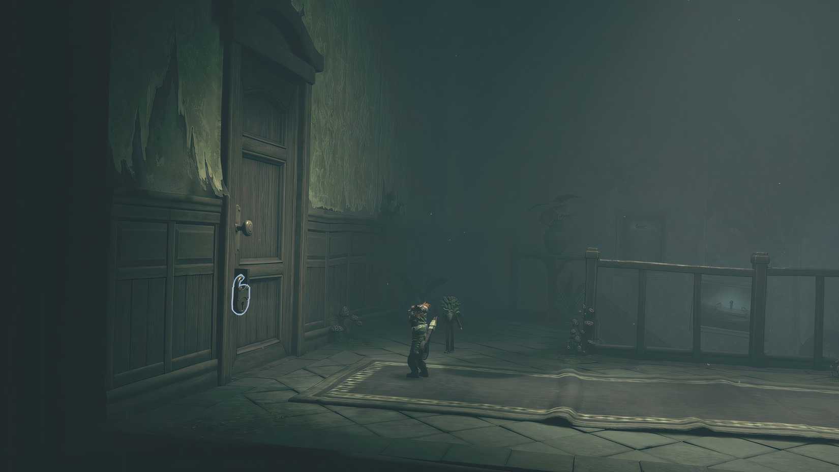 Alone standing in front of a lock in Little Nightmares 3.