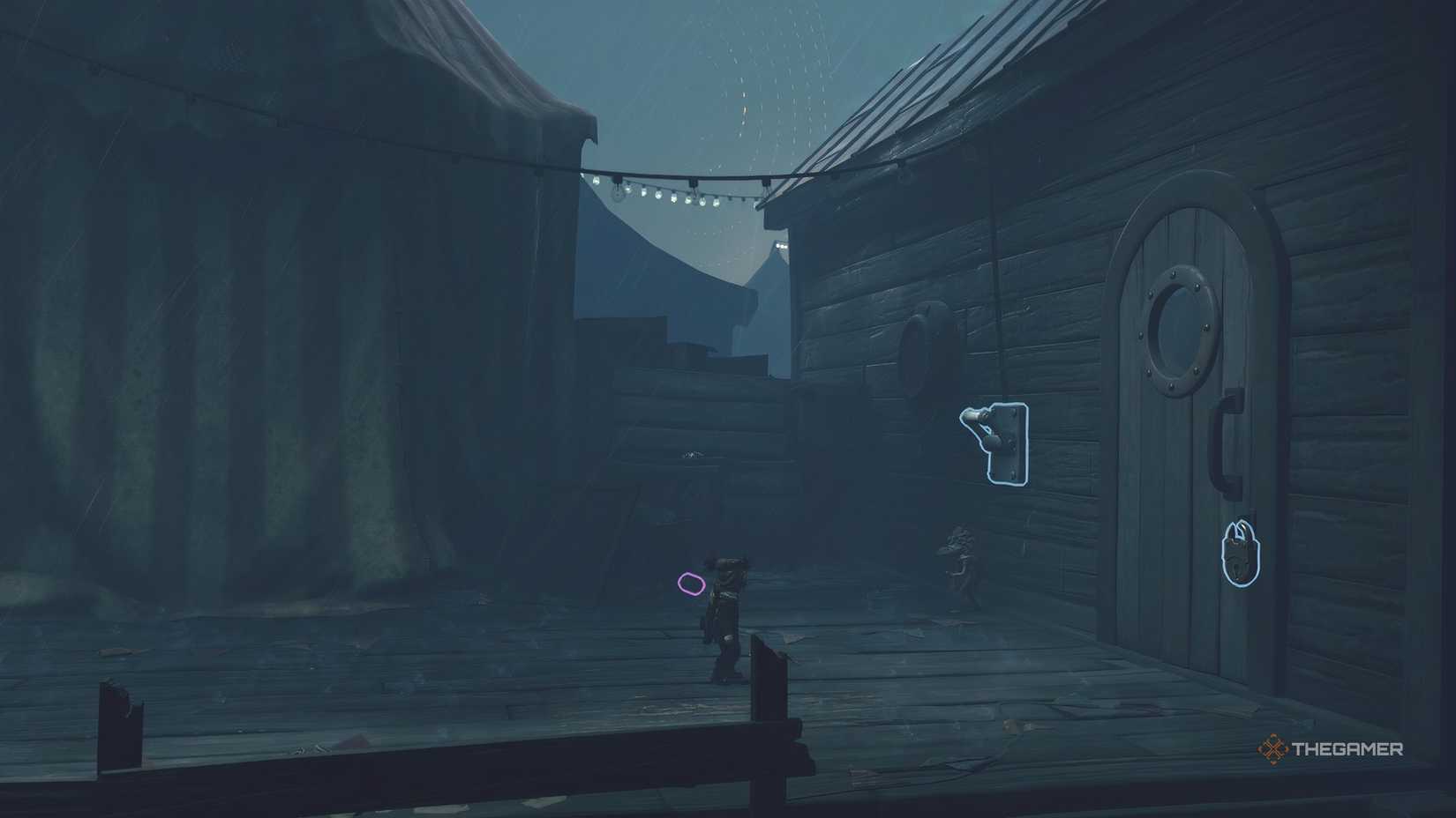 Alone standing in. front of a locked door in Little Nightmares 3.
