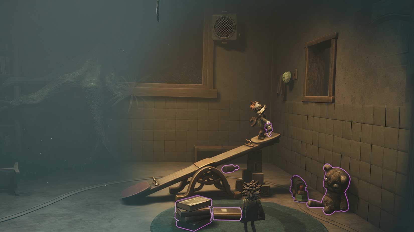 Alone throwing a doll through a window in Little Nightmares 3.