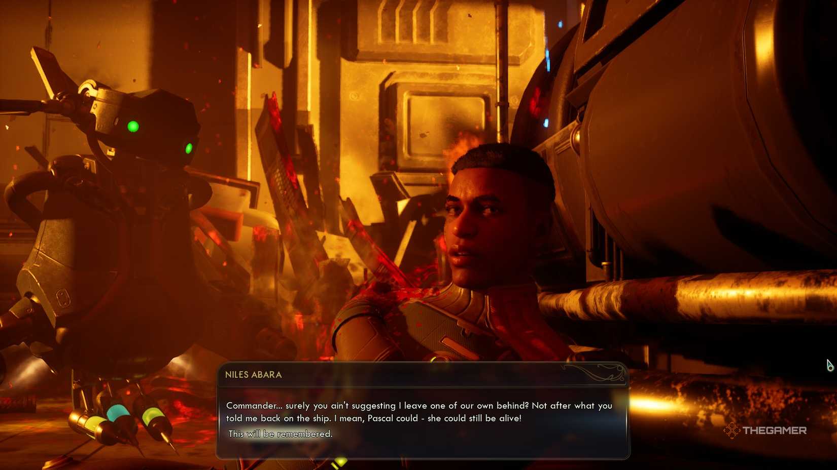 An injured Niles Abara in The Outer Worlds 2, refusing the players' command that he get himself back to safety