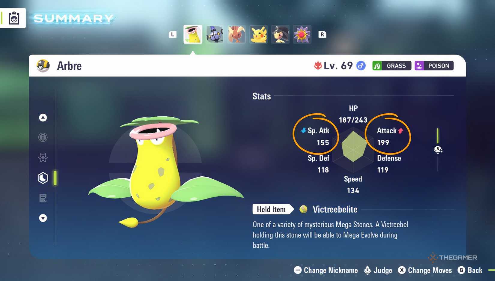 An overview of Victreebell's stats showing the effects of Natures in Pokemon Legends Z-A.