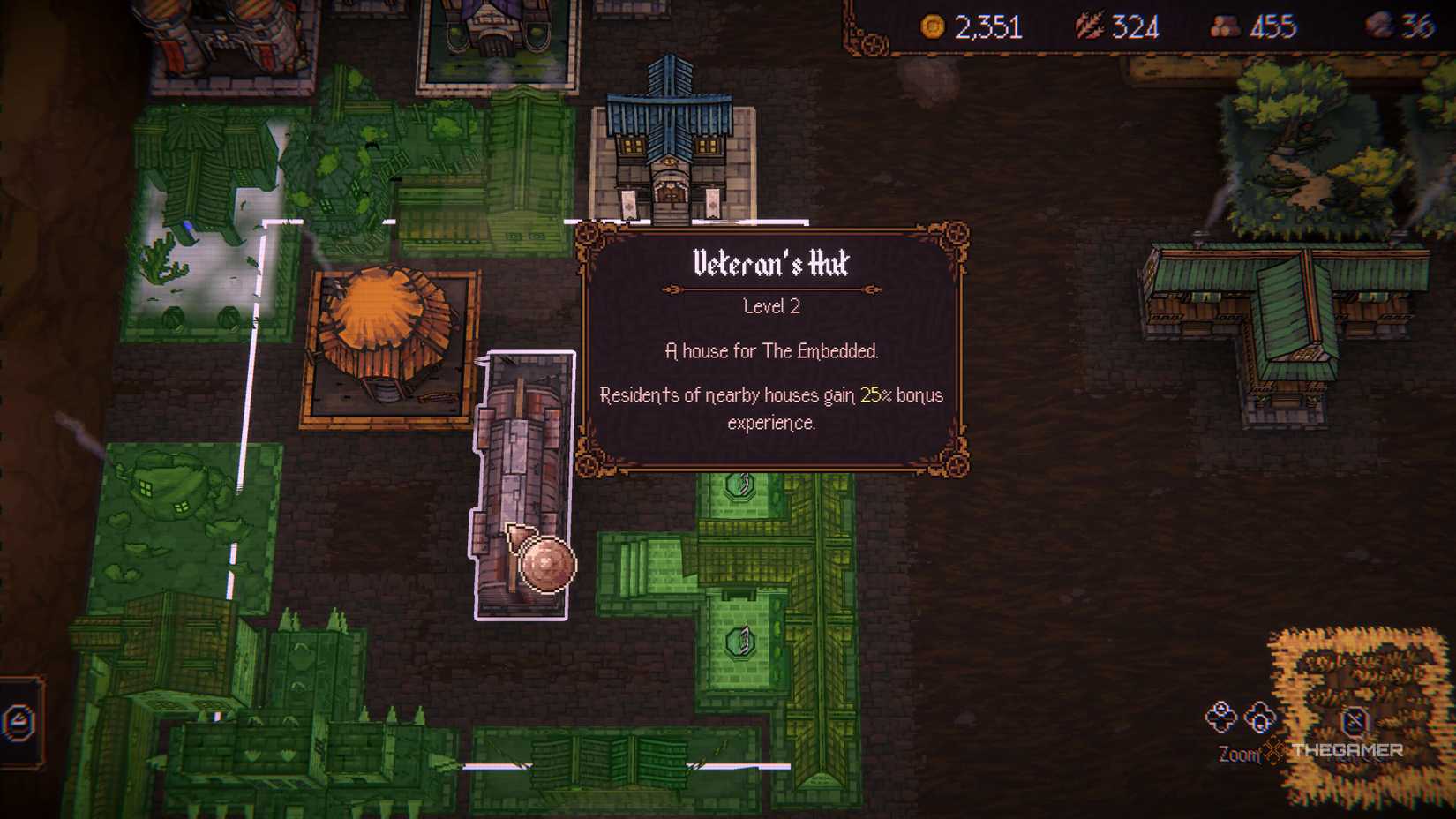 The Veteran's Hut building buffing all the character houses around it in Ball x Pit.