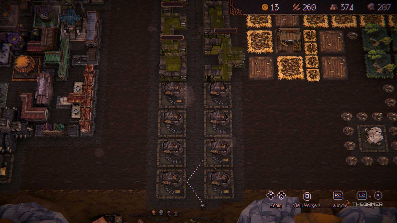 Two horizonal lines full of Gold Mines and the workers aiming at them in Ball x Pit.