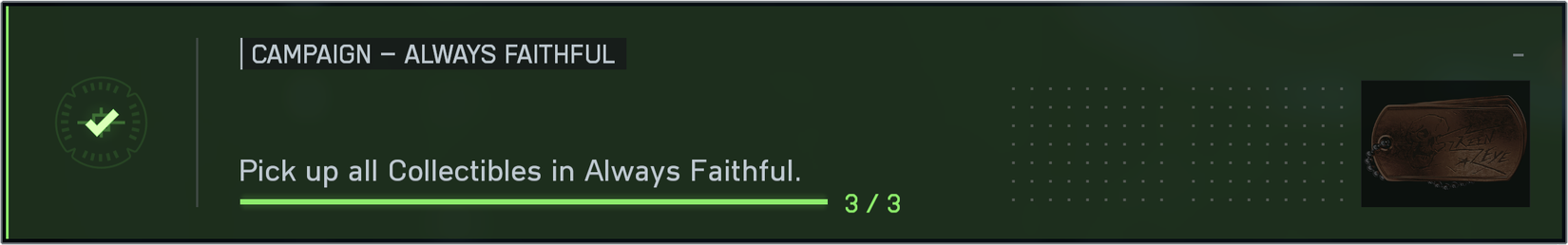 Battlefield 6 Always Faithful challenge to collect all collectibles, displaying that it has been complete and the reward earned.
