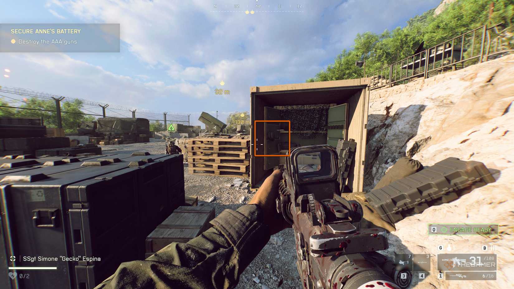 Battlefield 6 behind cover, with an open shipping container in front of them. Inside is a cabinet highlighted by an orange square.