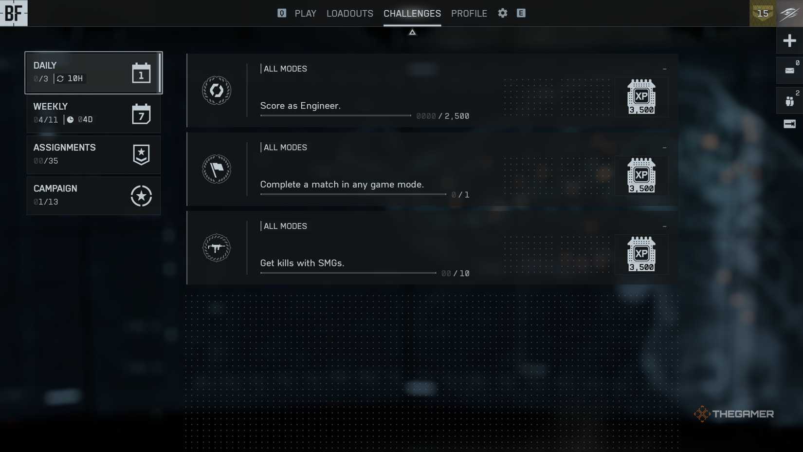 An overview of the Daily Challenges available in Battlefield 6, showcasing challenges such as getting ten kills with SMGs, earning 2,500 Score as an Engineer, and completing a single match.