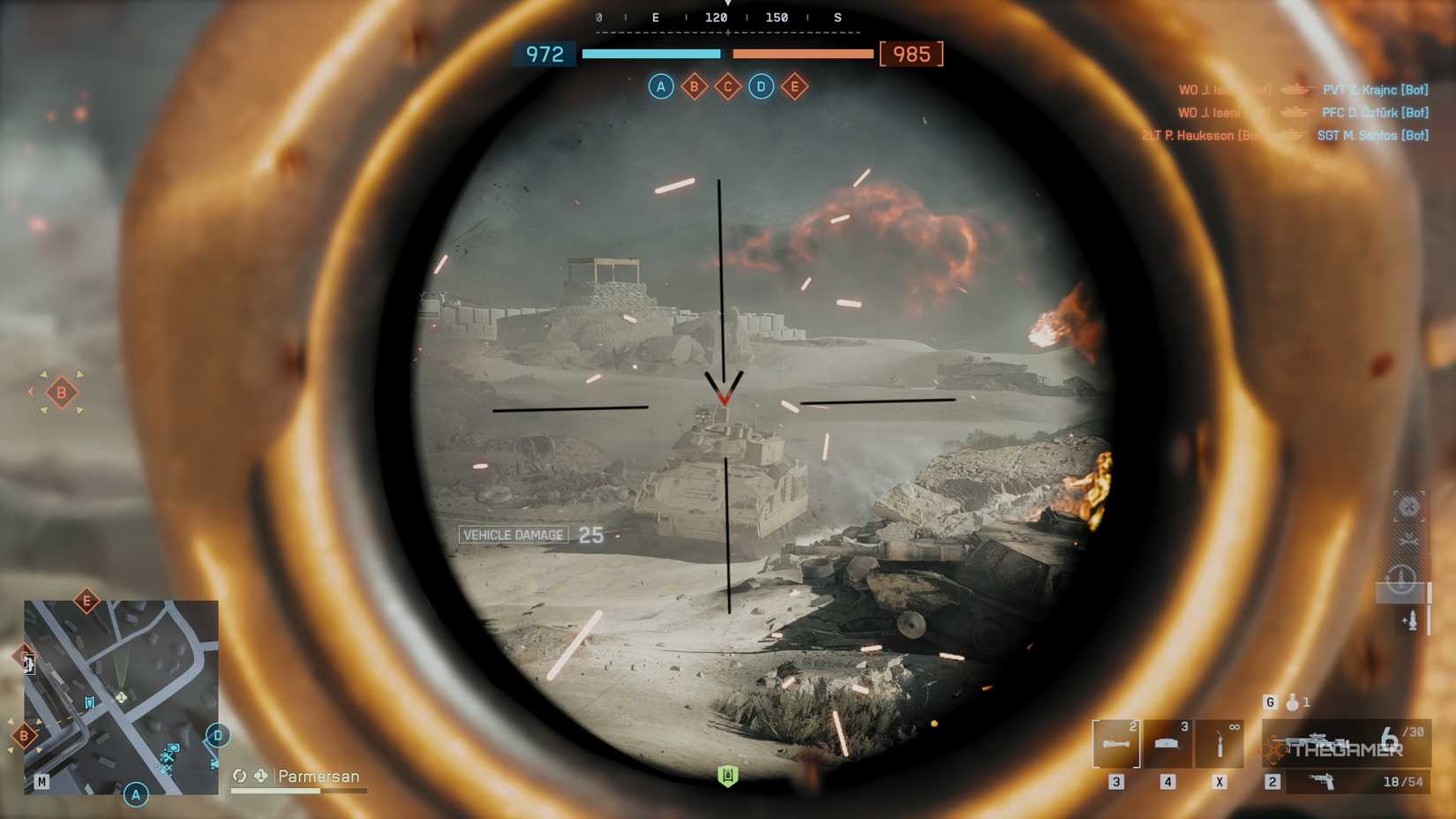 An Engineer using their MBT-LAW to fire a rocket at a tank, dealing substantial damage to it in Battlefield 6.