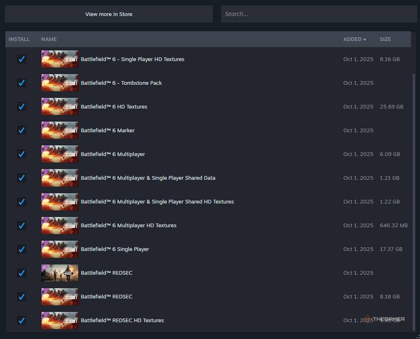 Battlefield 6 install data on Steam, showing RedSecc and HD Textures at the bottom.