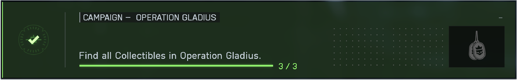 Battlefield 6 Operation Gladius challenge to collect all collectibles, displaying that it has been complete and the reward earned.