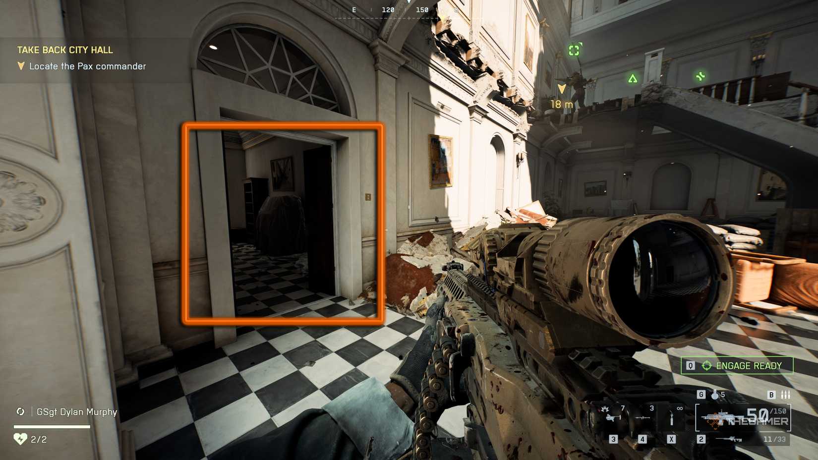 Battlefield 6 player in the entrance to a devastated manor, with a doorway highlighted by an orange square.