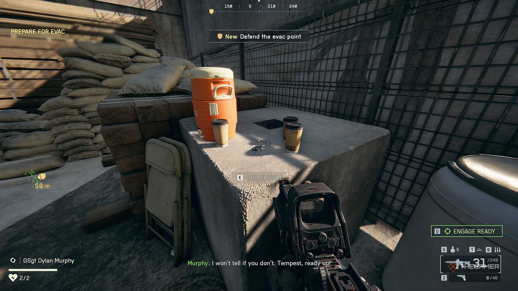 Battlefield 6 player looking at a dog tag on a concrete block besides coffee cups.