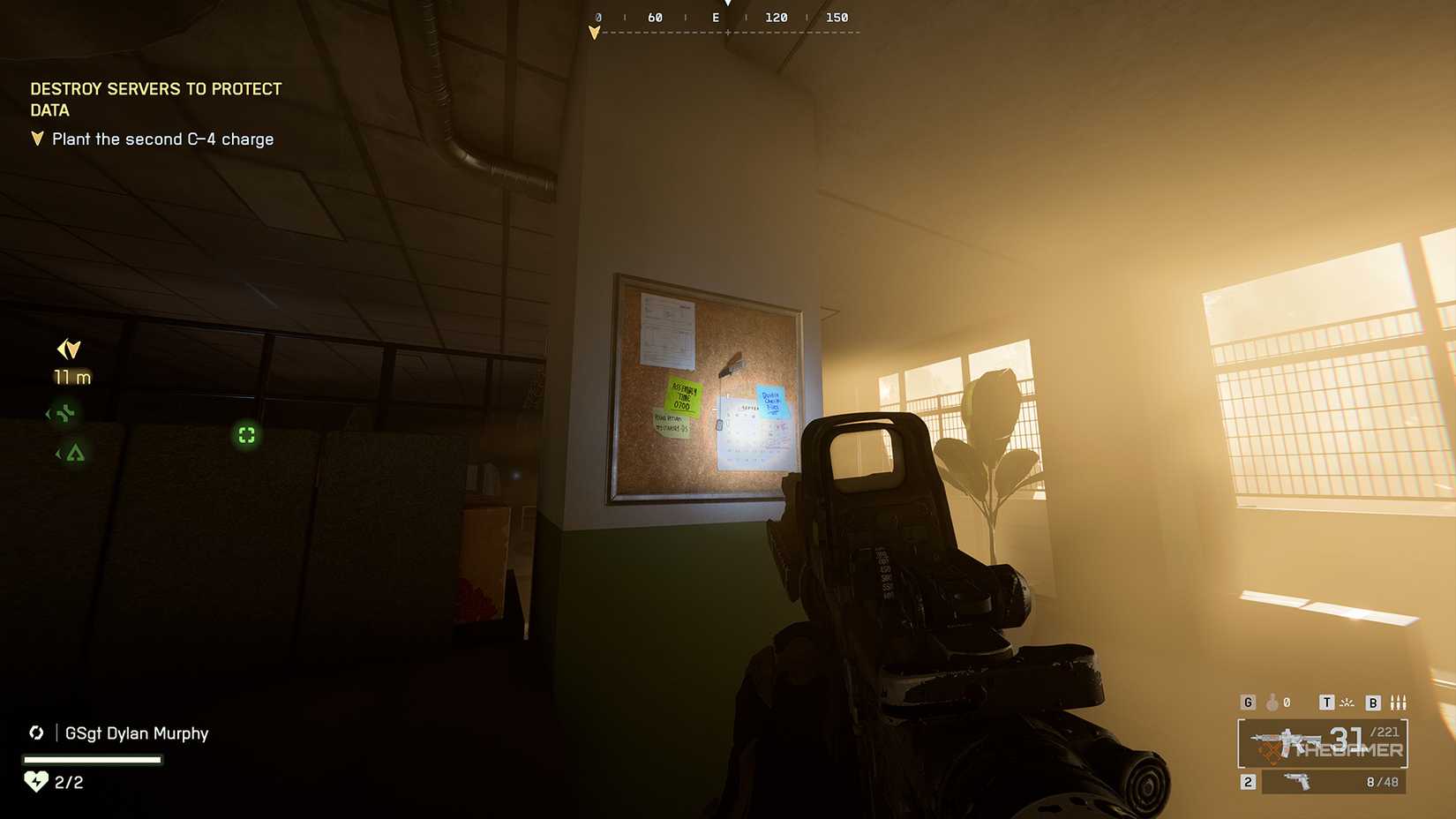 Battlefield 6 player looking at a dog tog on a notice board, held in place by a knife.