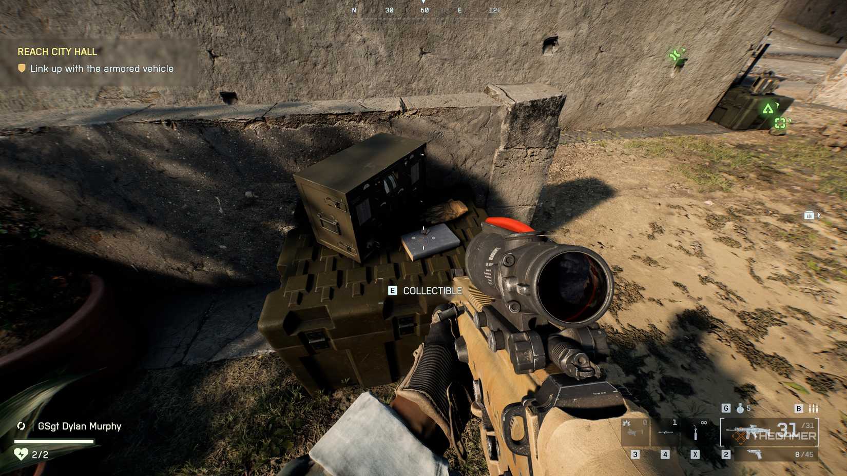 Battlefield 6 player looking at a pair of dog tags on a crate.