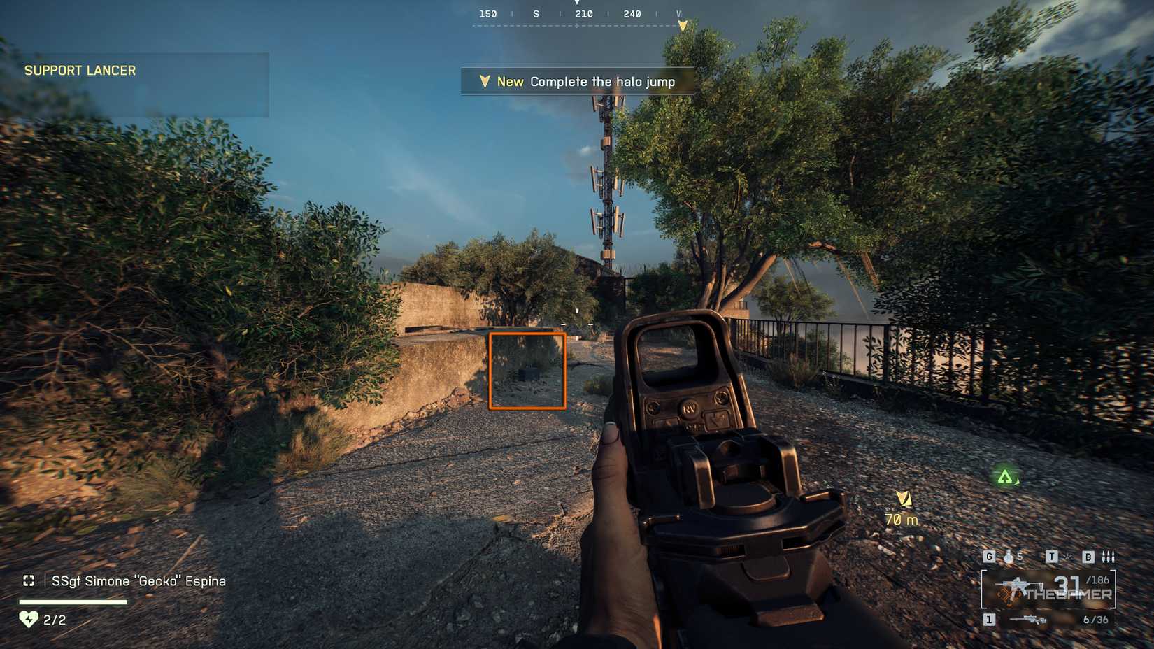 Battlefield 6 player looking at a radio antenna, with a blue box highlighted by an orange square.