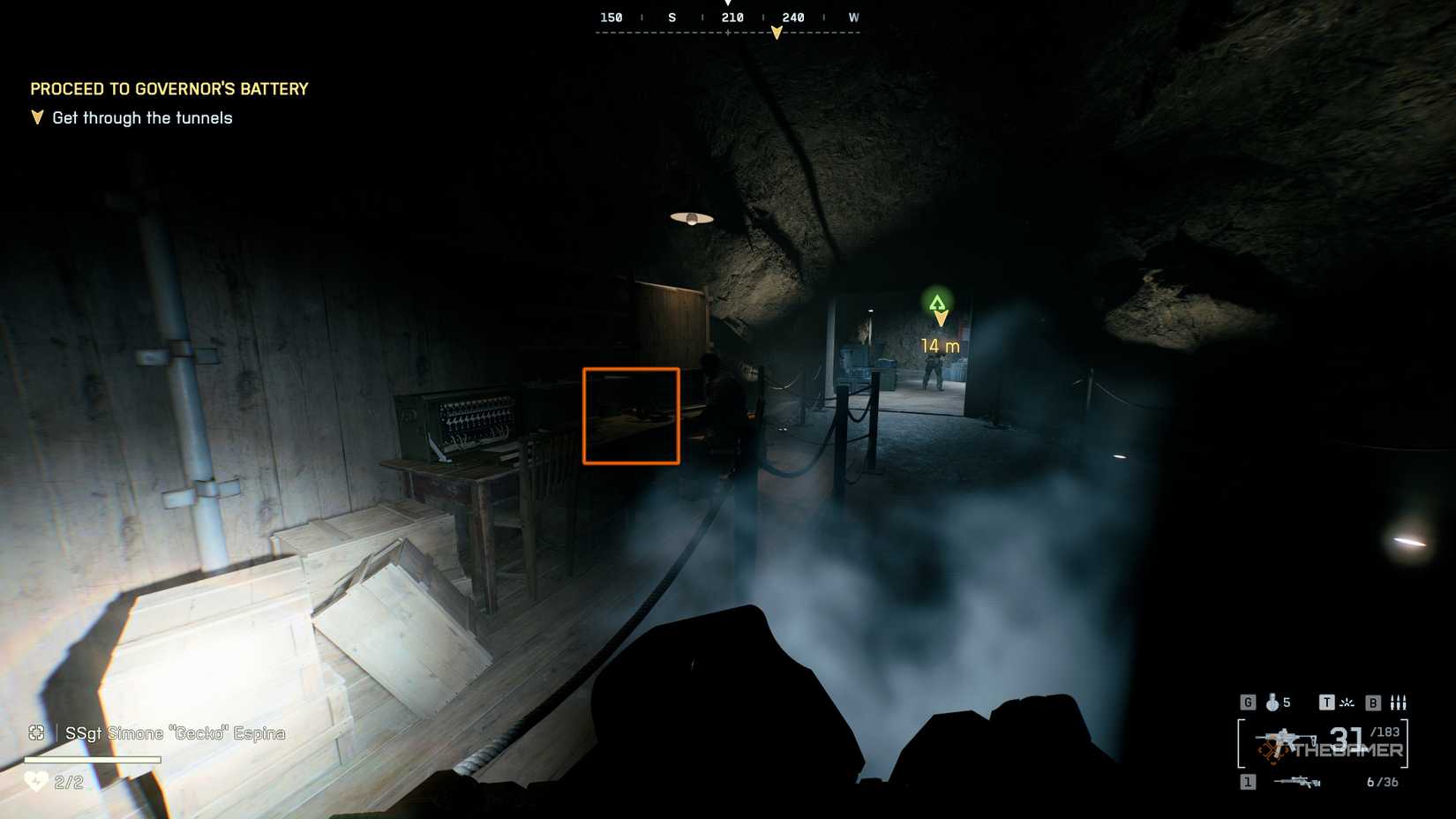 Battlefield 6 player looking at a WW2 desk with a mannequin propped up against it.