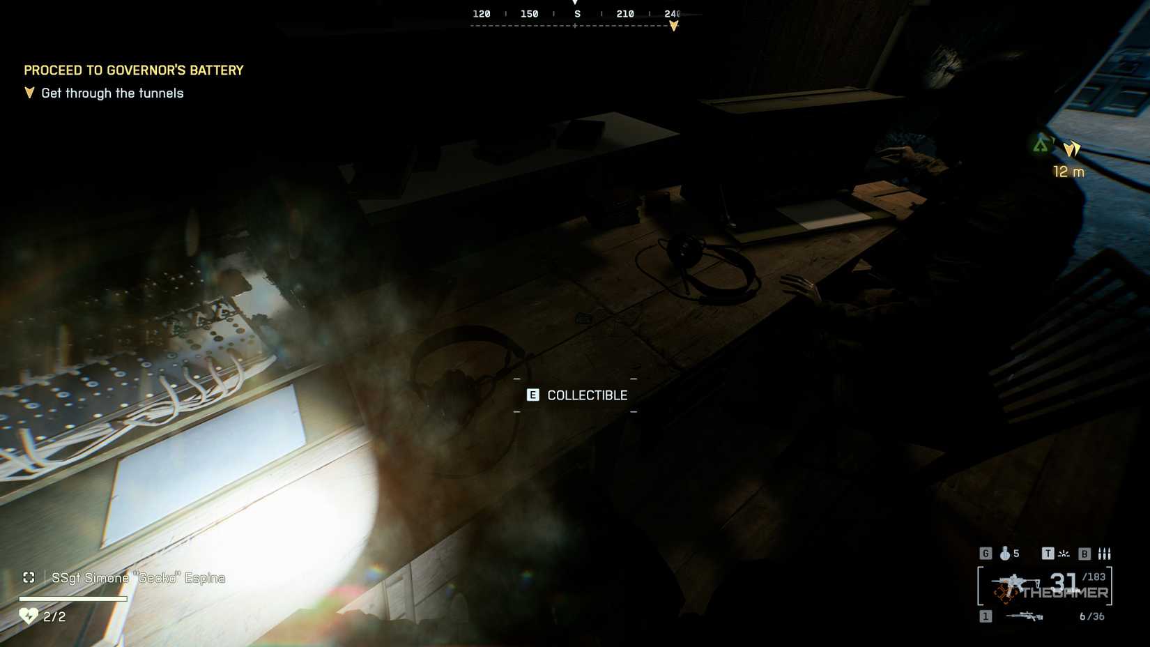 Battlefield 6 player looking at dog tags on a WW2 desk beside radio equipment.