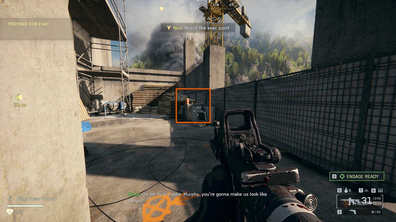 Battlefield 6 player on a high-rise rooftop under construction, looking at a thermos on a concrete block highlighted by an orange square.