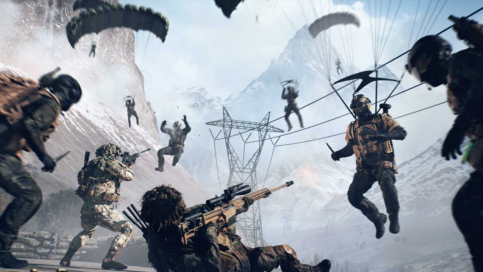 Battlefield 6 players parachuting into other players pointing guns at them.
