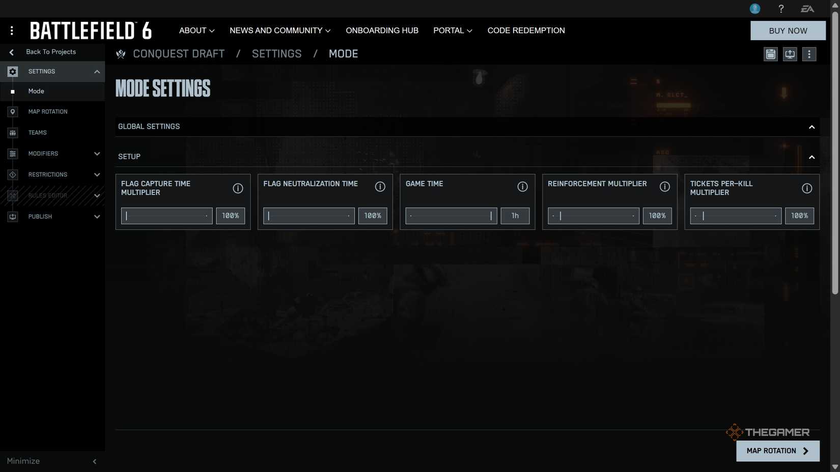 An overview of the Mode Settings for Conquest in Battlefield 6 Portal, allowing you to adjust the Flag Capture, Neutralization, and Game Time, along with other settings.