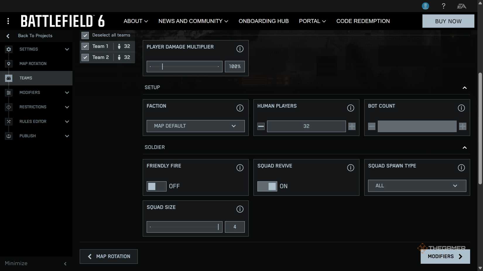 An overview of the Teams settings for Battlefield 6 Portal, allowing you to enable or turn off things such as Friendly Fire, Squad Revive, and even change the player count.