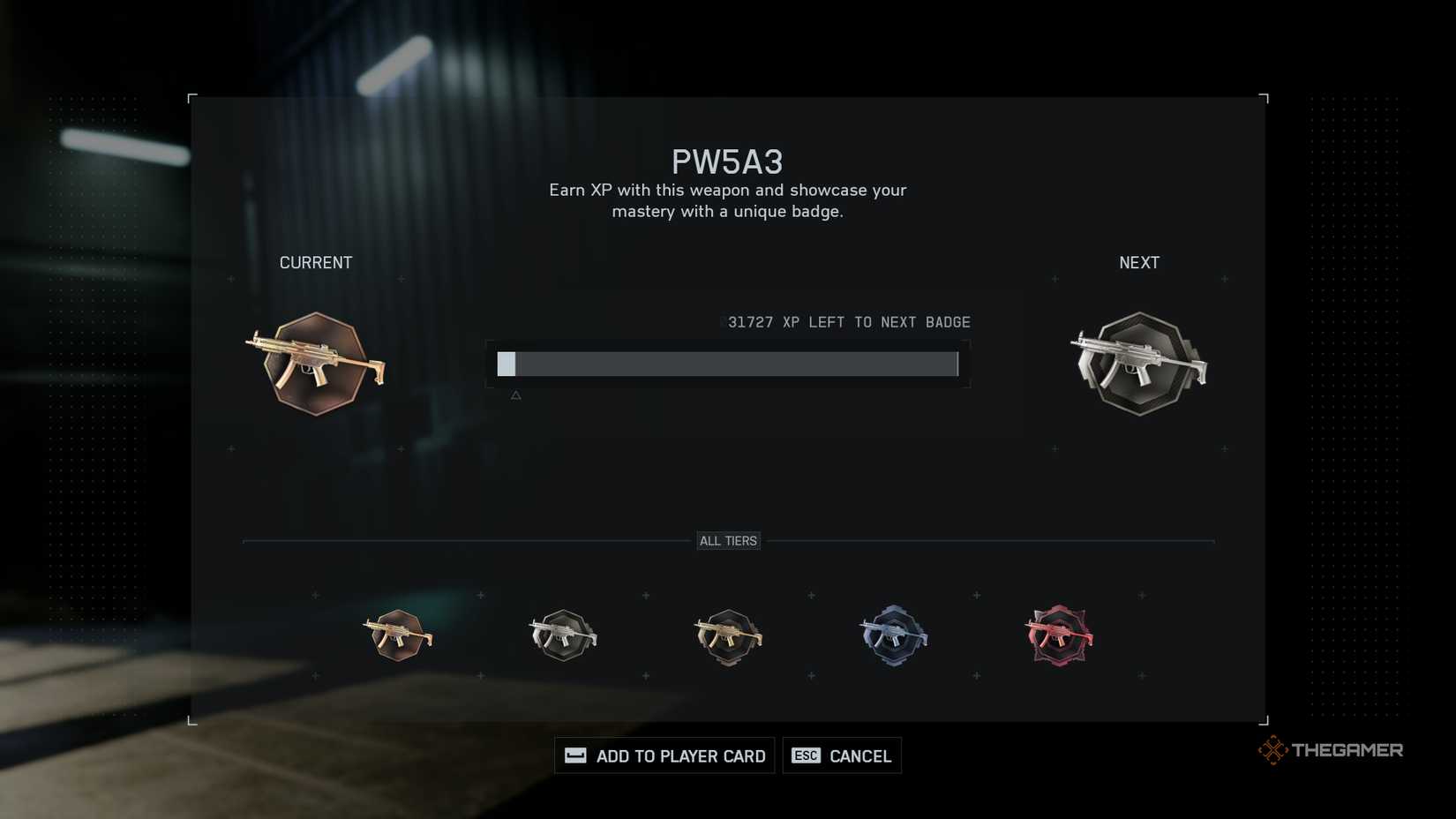 An overview of the PW5A3's Badge progression in Battlefield 6, showcasing its progress from Bronze to Silver.