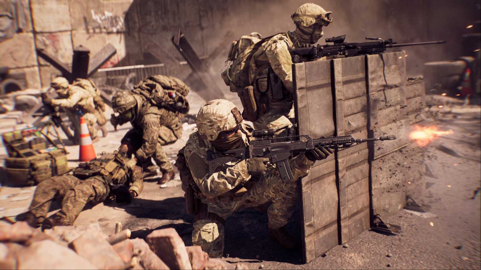 Infantry units taking cover behind a deplorable wall while defending the objective in Rush in Battlefield 6.