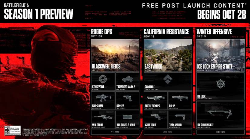 Battlefield 6 season 1 roadmap displaying the three chapters and all their rewards.