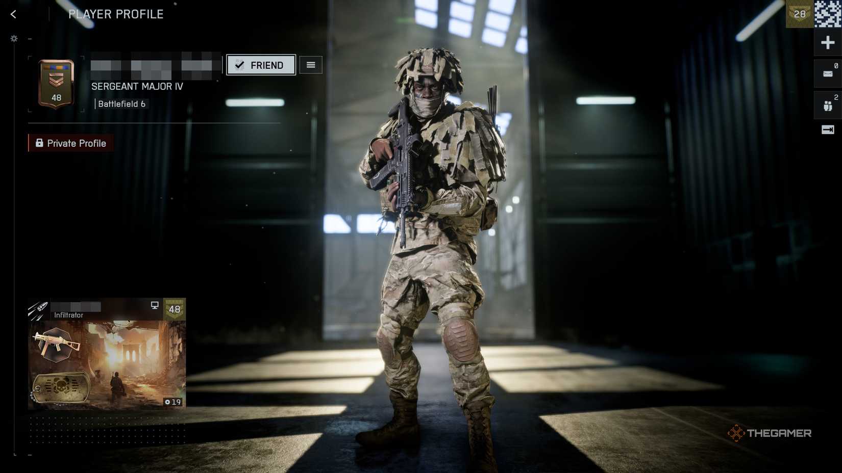 Battlefield 6 soldier standing in a hanger with their profile set to private.