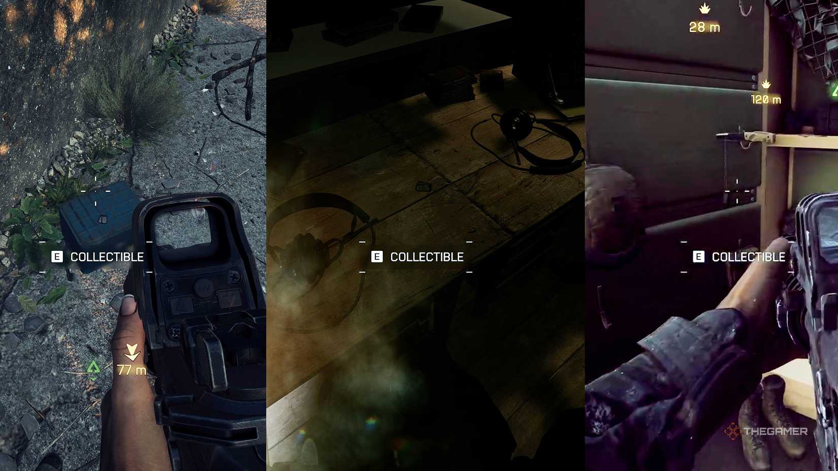 Battlefield 6 three screenshots stitched together that show different dog tags across The Rock.