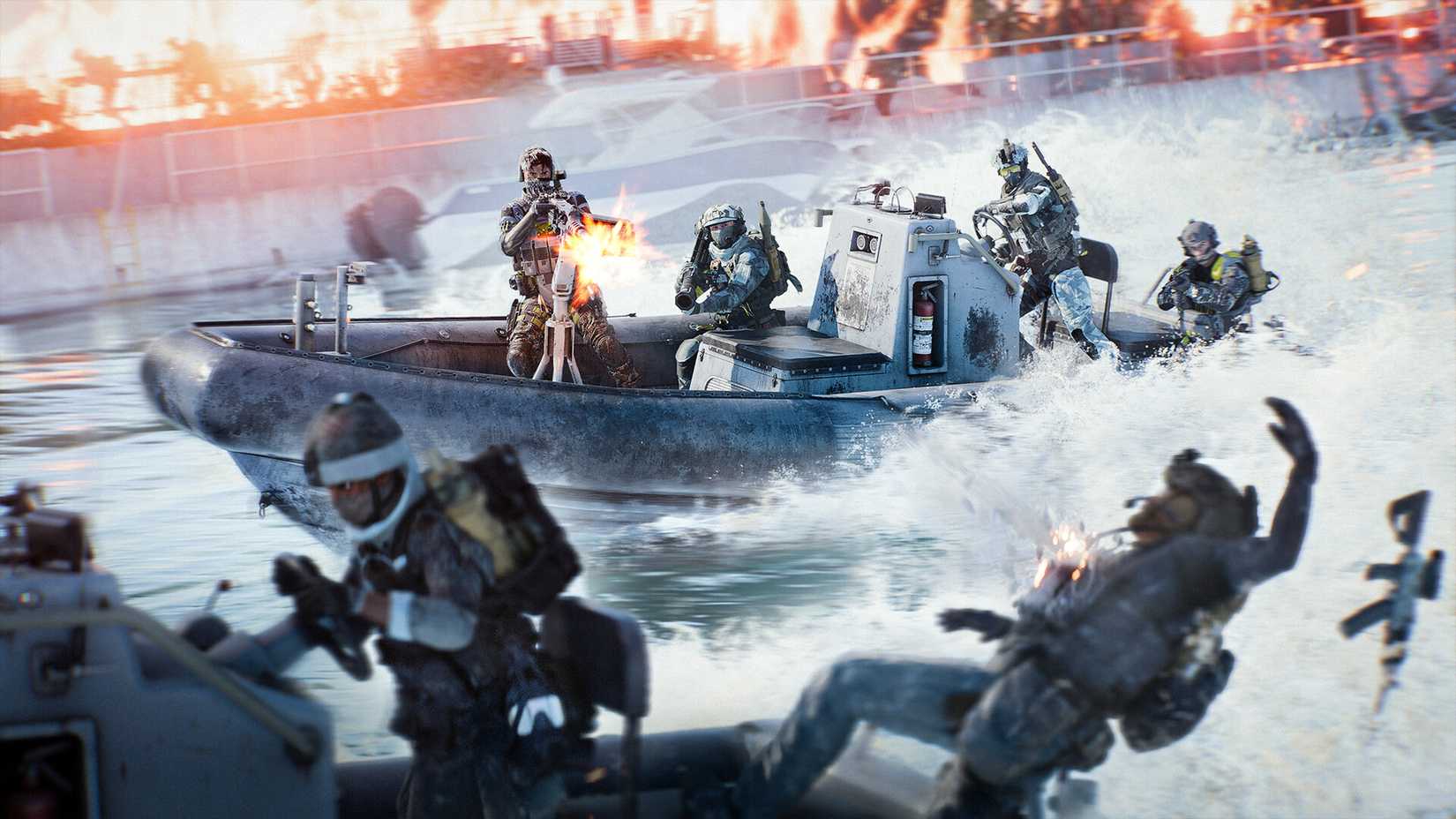 Battlefield 6 players on a boat firing a minigun at another boat.