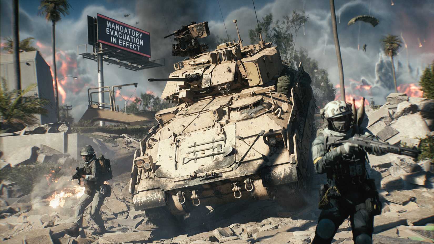Battlefield 6 RedSec screenshot of a tank rolling through a street.