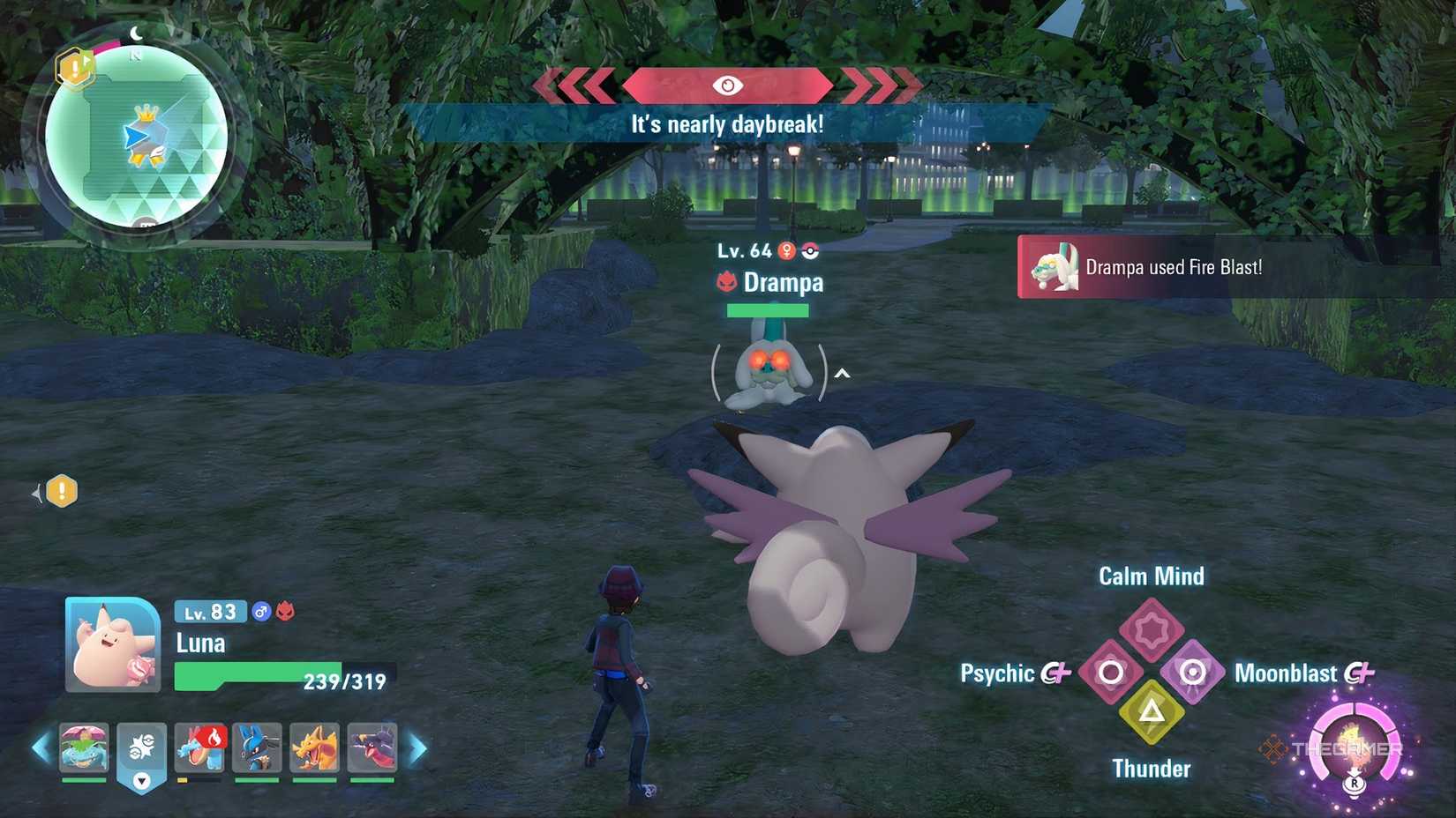 Battling a wild Alpha Drampa in Pokemon Legends: Z-A, located in Wild Zone 20 under the tower.