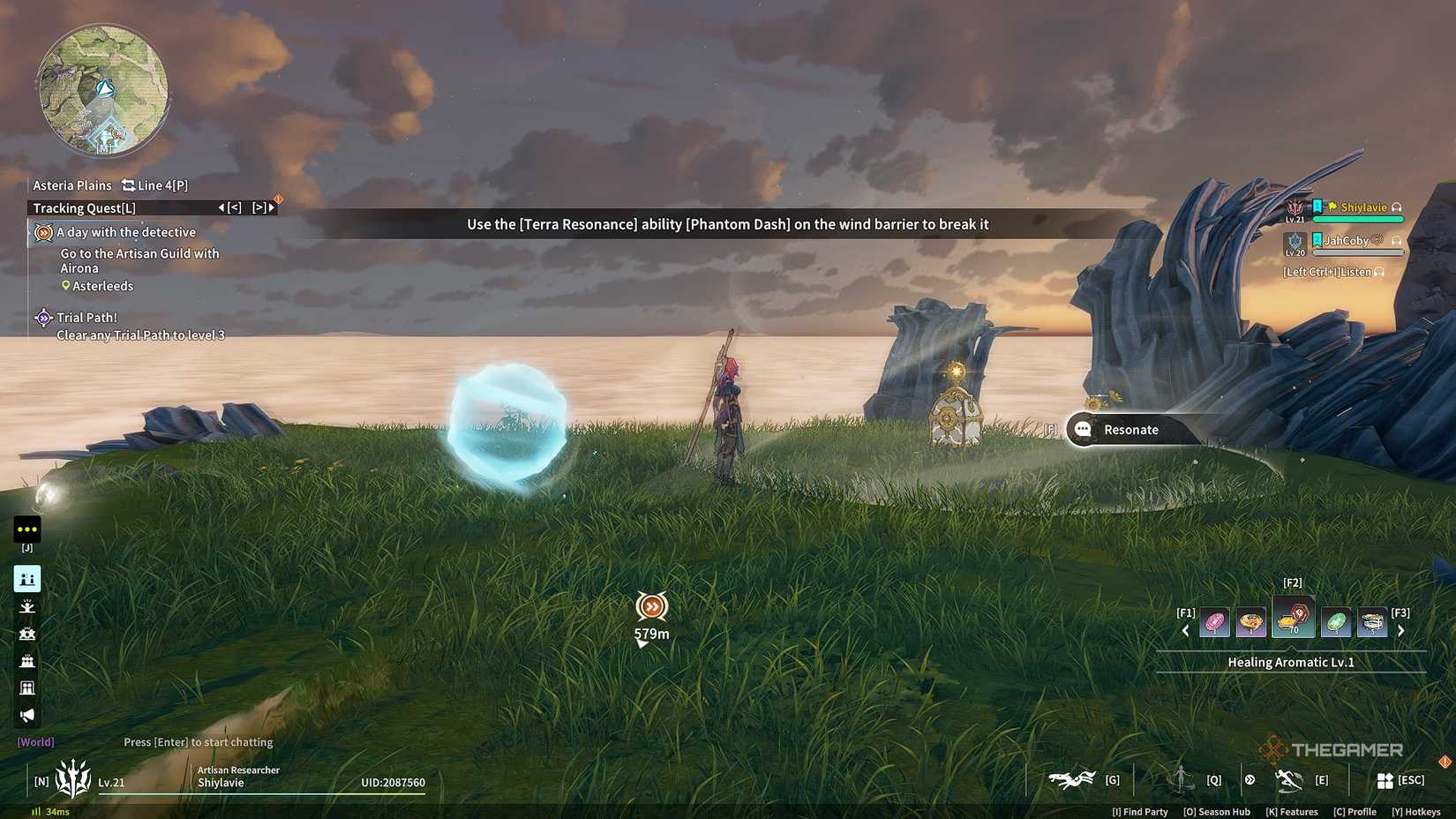 Blue Protocol_ Star Resonance A hero in front of a wind core and barrier high on the cliffs.
