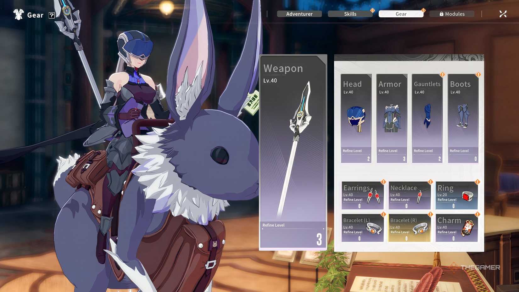 Blue Protocol_ Star Resonance A woman riding a rabbit mount, coverd from head to toe in dark armor.