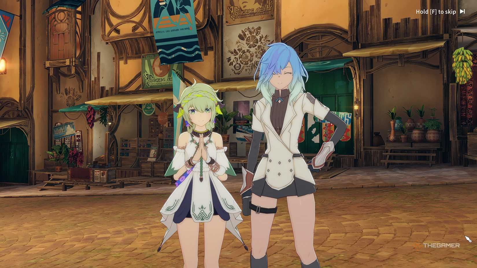 Blue Protocol_ Star Resonance Airona and the hero posing for a picture in the city.