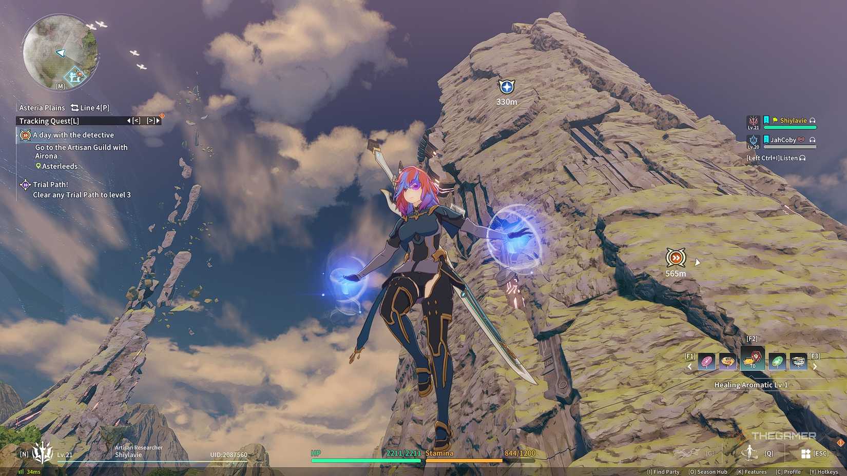 Blue Protocol_ Star Resonance An avatar gliding on blue spheres in front of a cliff.