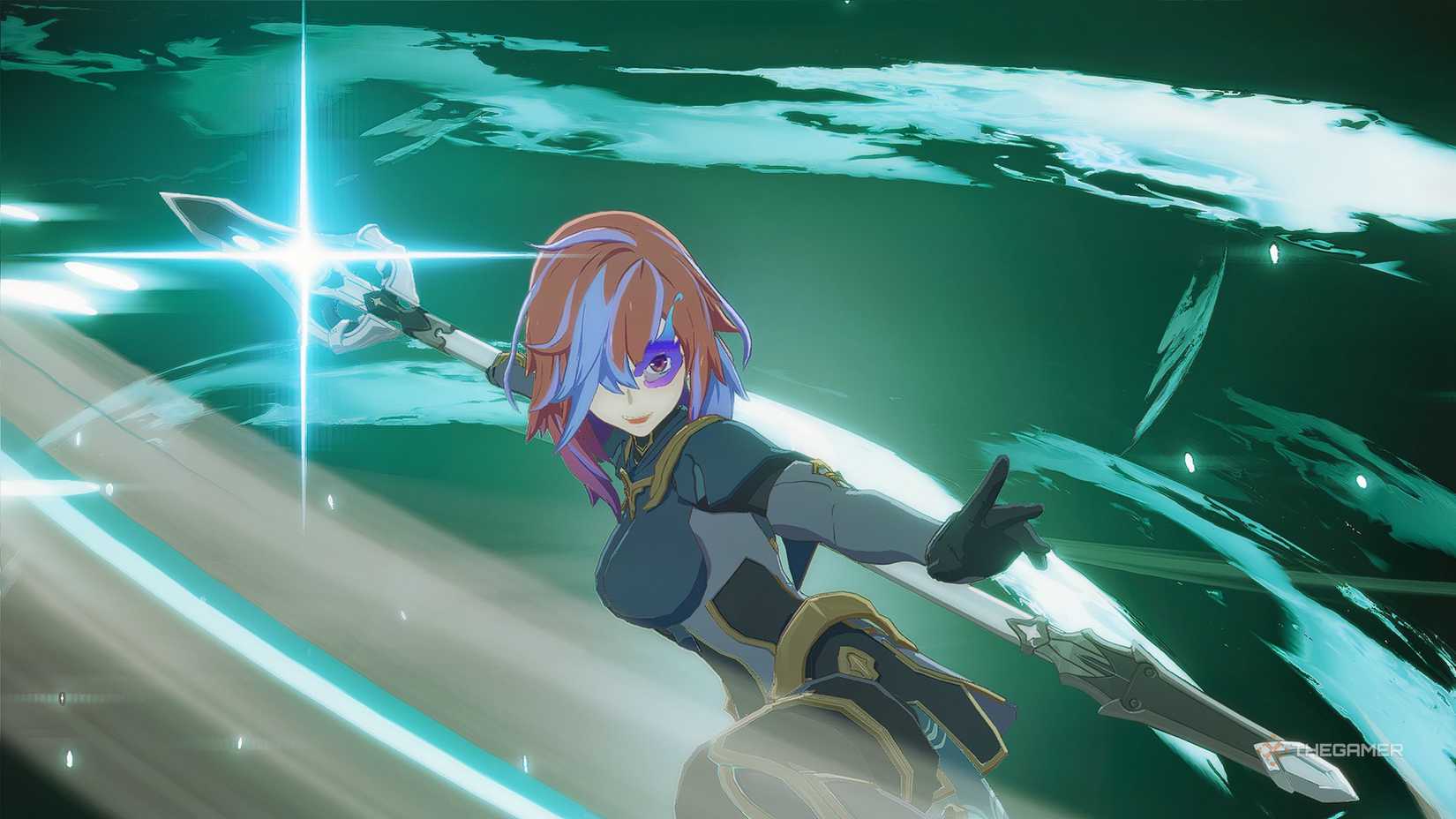 An avatar with red and blue hair attacking with a whirlwind lance.