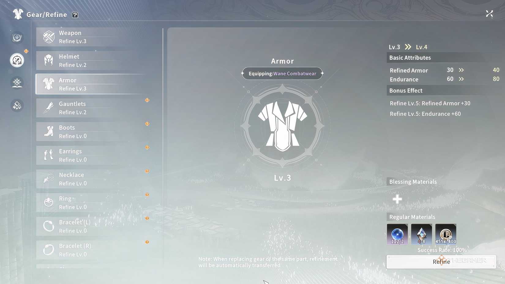 Blue Protocol_ Star Resonance Refining armor and equipment in a menu.