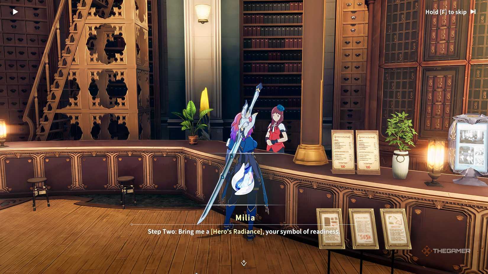 Blue Protocol_ Star Resonance Talking to Milia at the Pioneer's Bureau about changing classes.
