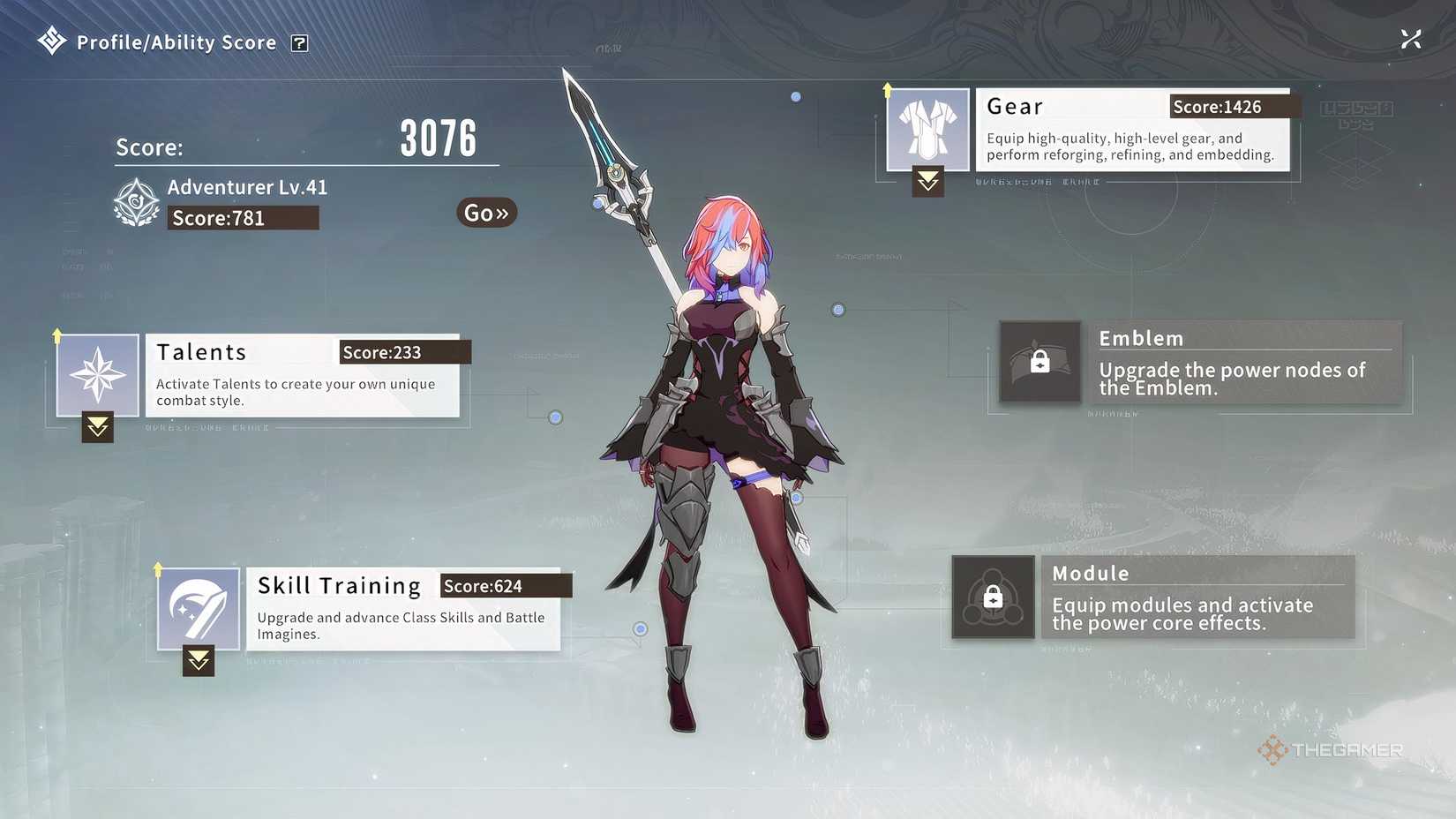 Blue Protocol_ Star Resonance The ability score menu with a wind knight avatar.