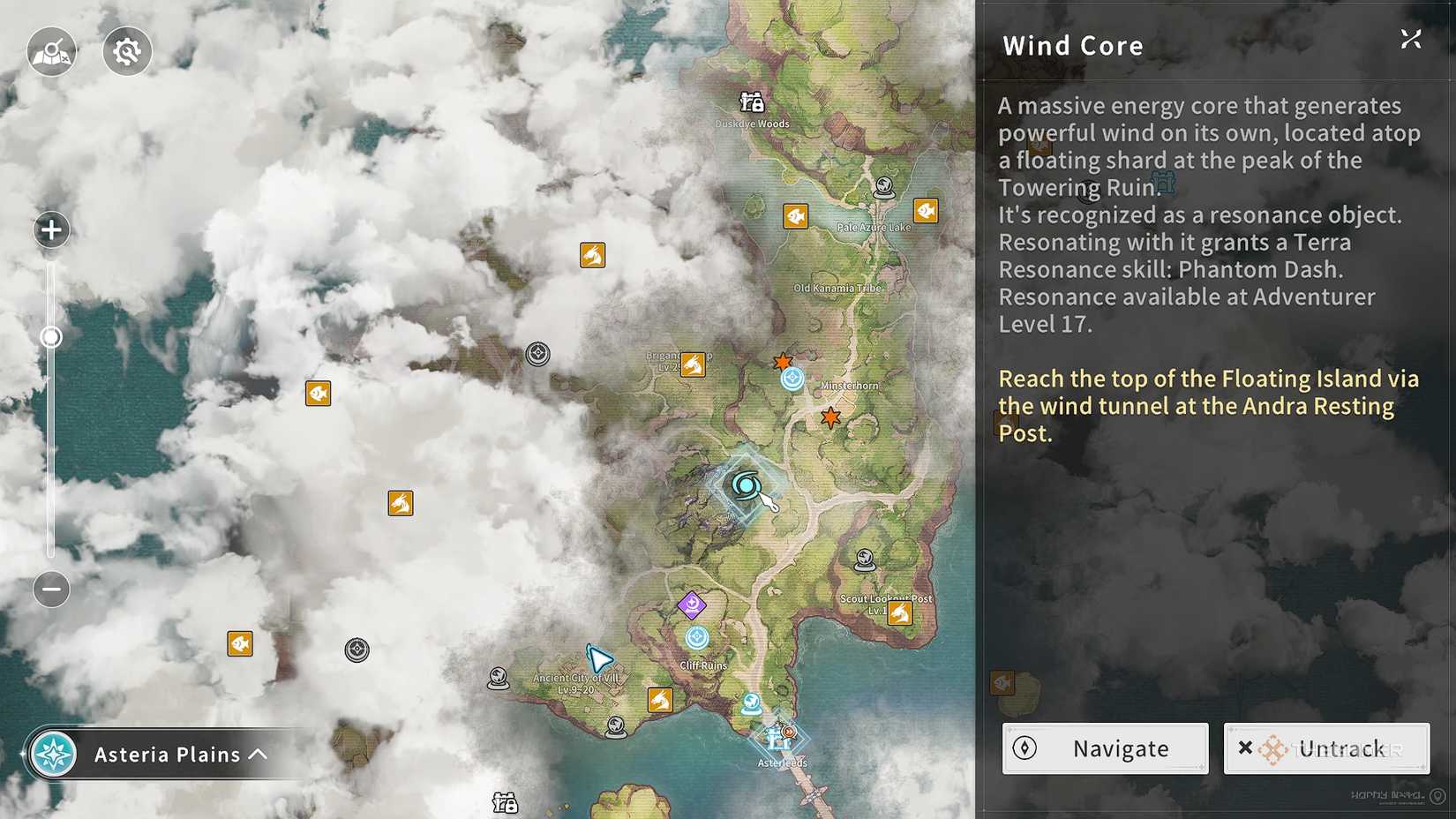 Blue Protocol_ Star Resonance Wind Core location on the map for the Phantom Dash Ability.