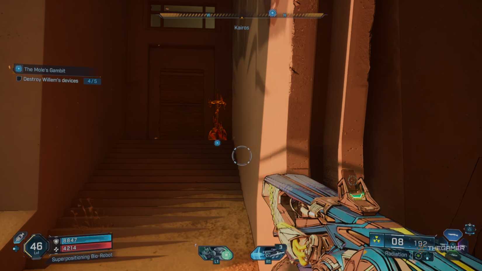 a sabotage relay device is highlighted in red at the top of some sandy stairs in borderlands 4.
